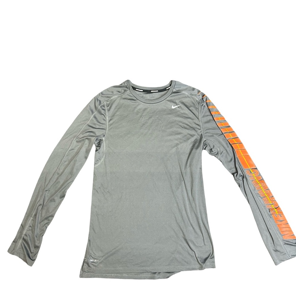 Nike Gray Long Sleeve Dri-FIT Shirt with Orange Sleeve Stripe
